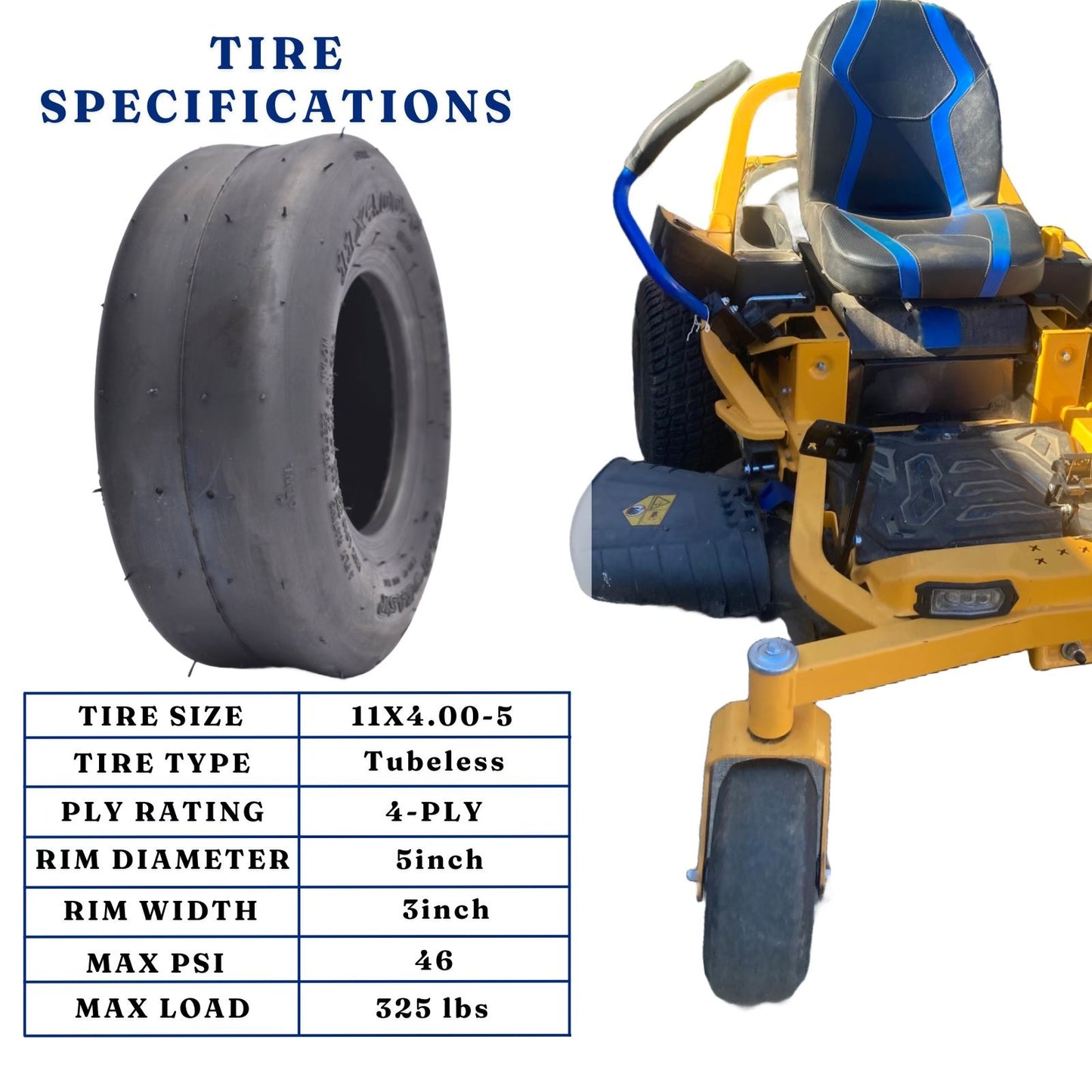 Dayrim 11x4.00-5 Zero Turn Lawn Mower Tires - Set of 2, Smooth Riding, Turf-Friendly 4-Ply Tubeless Lawn & Garden Tires, Replacement for Lawn Mowers