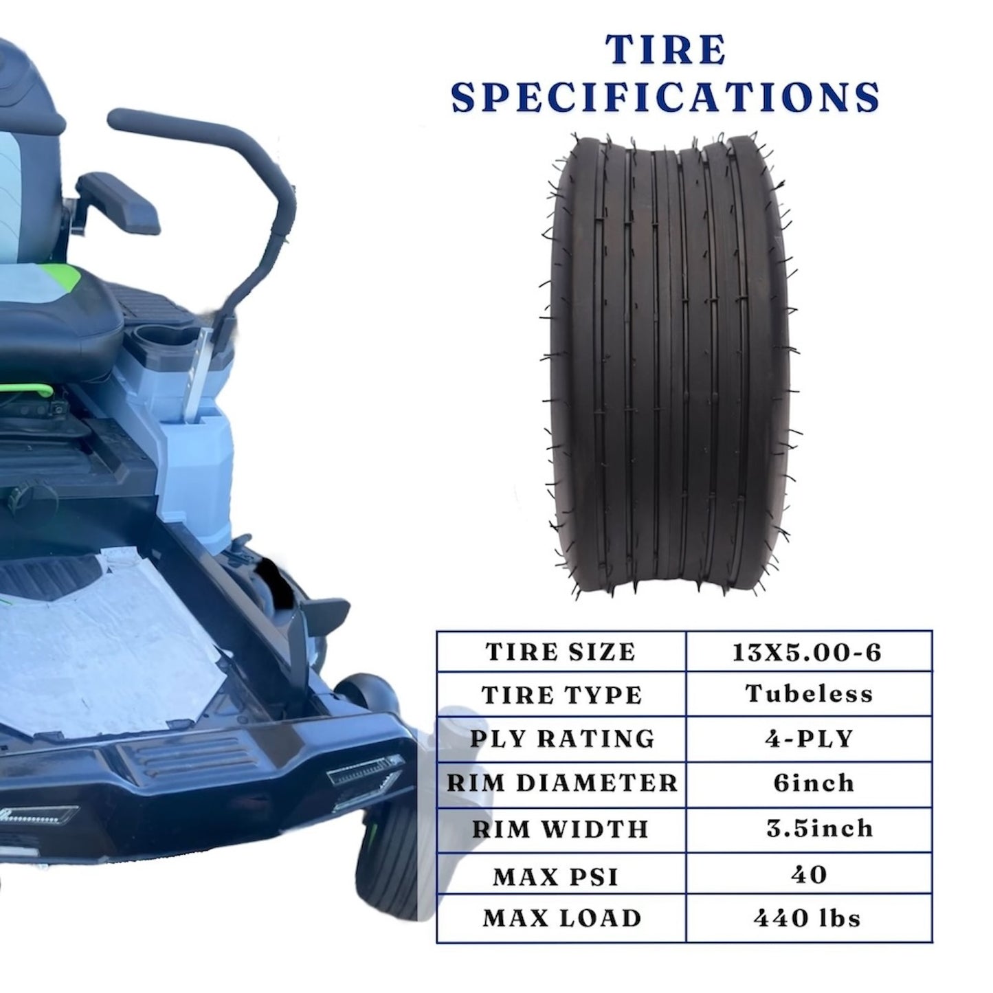 Dayrim 13x5.00-6 Lawn Mower Tires, Set of 2, Straight Rib Tread, Turf-Friendly 4-Ply Tubeless Tires for Lawn mowers & Garden tractors