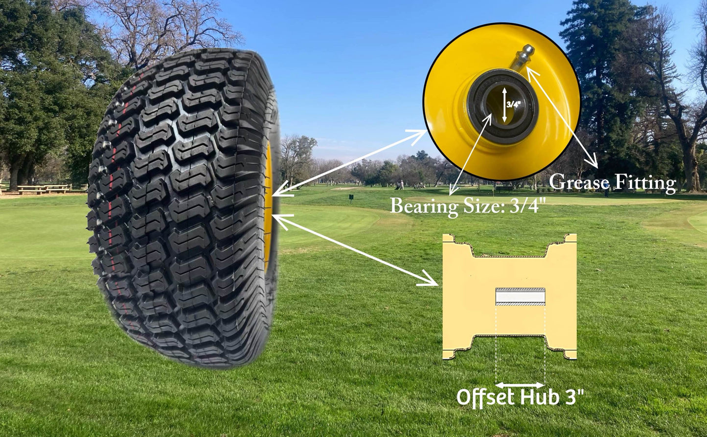 Dayrim 2 Pcs 15x6.00-6 Lawn Mower Tires with yellow Rim, 4-Ply Tubeless, 3" Offset Hub, 3/4" Bore Bearing, Wheel & Tire Assembly, Turf Tread for Riding Mowers & Garden Tractors