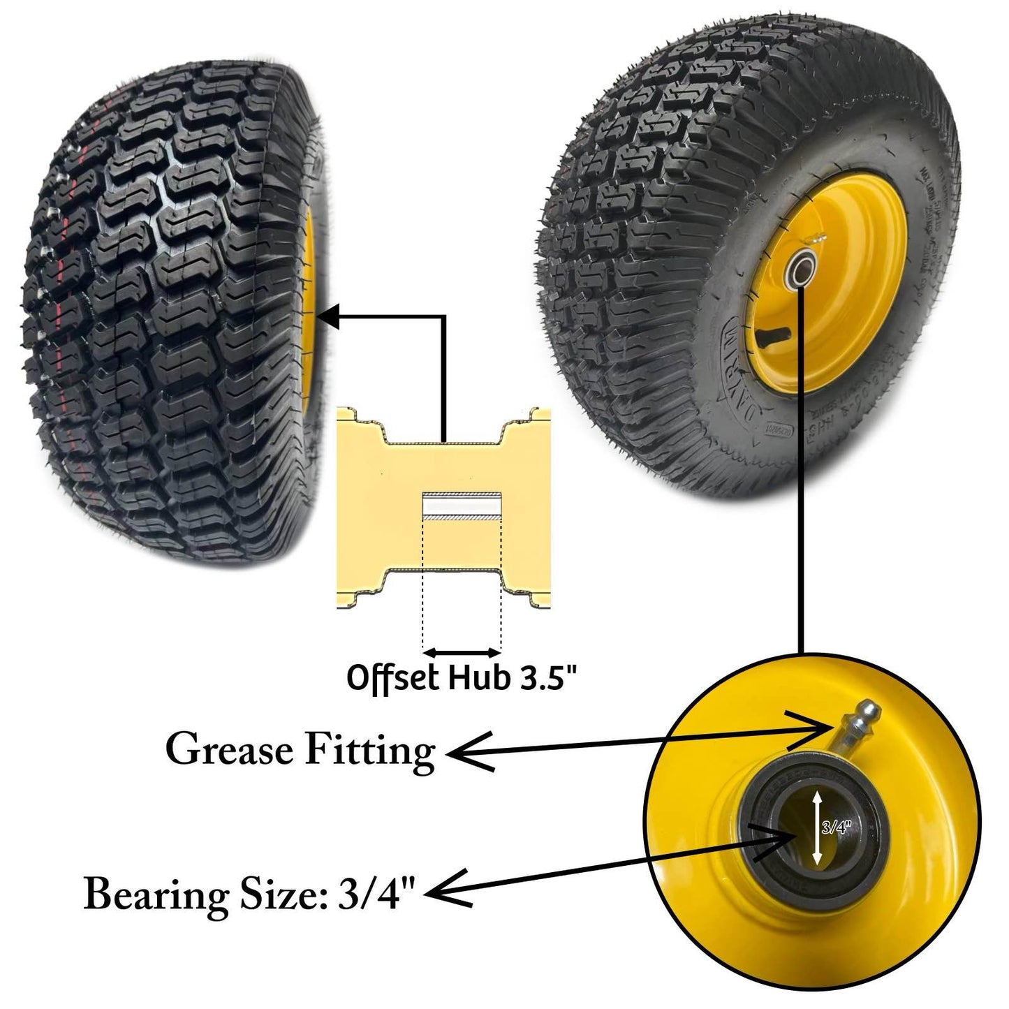 Dayrim 2 Pcs 15x6.00-6 Lawn Mower Tires with yellow Rim, 4-Ply Tubeless, 3" Offset Hub, 3/4" Bore Bearing, Wheel & Tire Assembly, Turf Tread for Riding Mowers & Garden Tractors