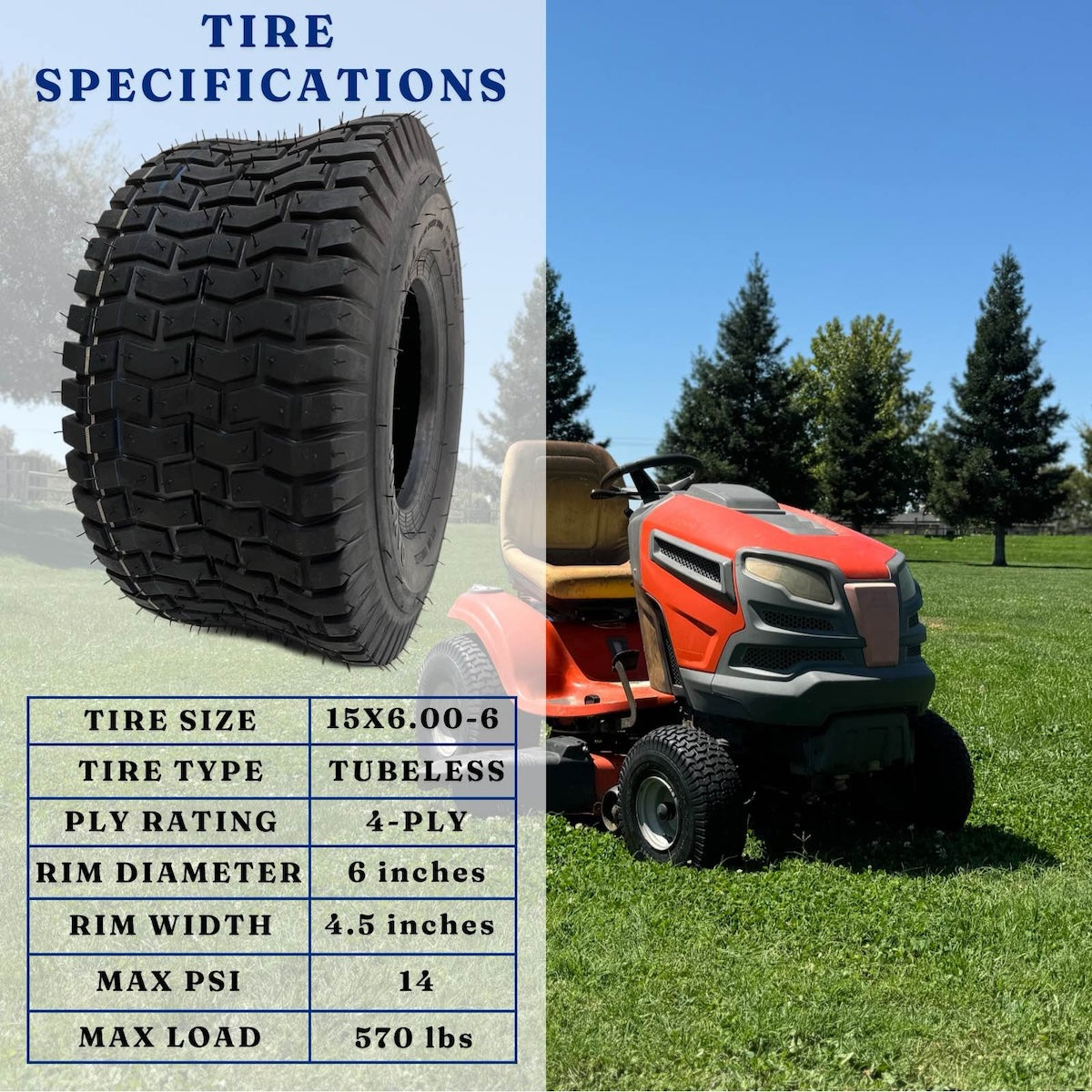 Dayrim 15x6.00-6 (2-Pack) Lawn Mower Turf Tires, V2 Tread Pattern, 4-Ply Tubeless Replacement Tires for Garden Tractors and Riding Mowers