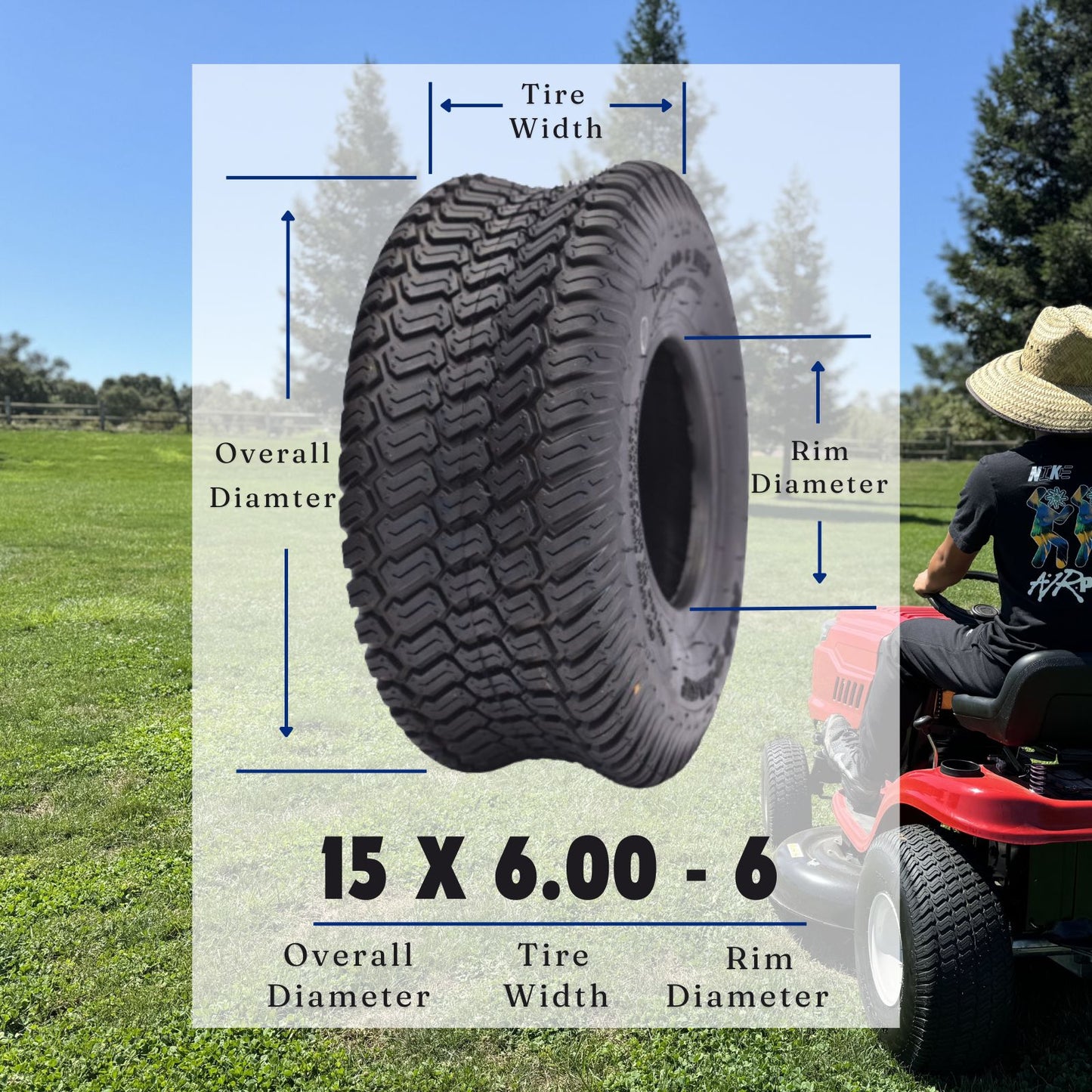 Dayrim 15x6.00-6 Lawn Mower Tires, Set of 2, 4-Ply Tubeless Turf Tread, for Garden Tractor & Riding Mower
