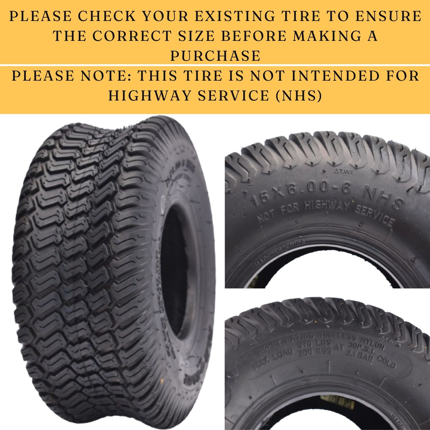 Dayrim 15x6.00-6 Lawn Mower Tires, Set of 2, 4-Ply Tubeless Turf Tread, for Garden Tractor & Riding Mower