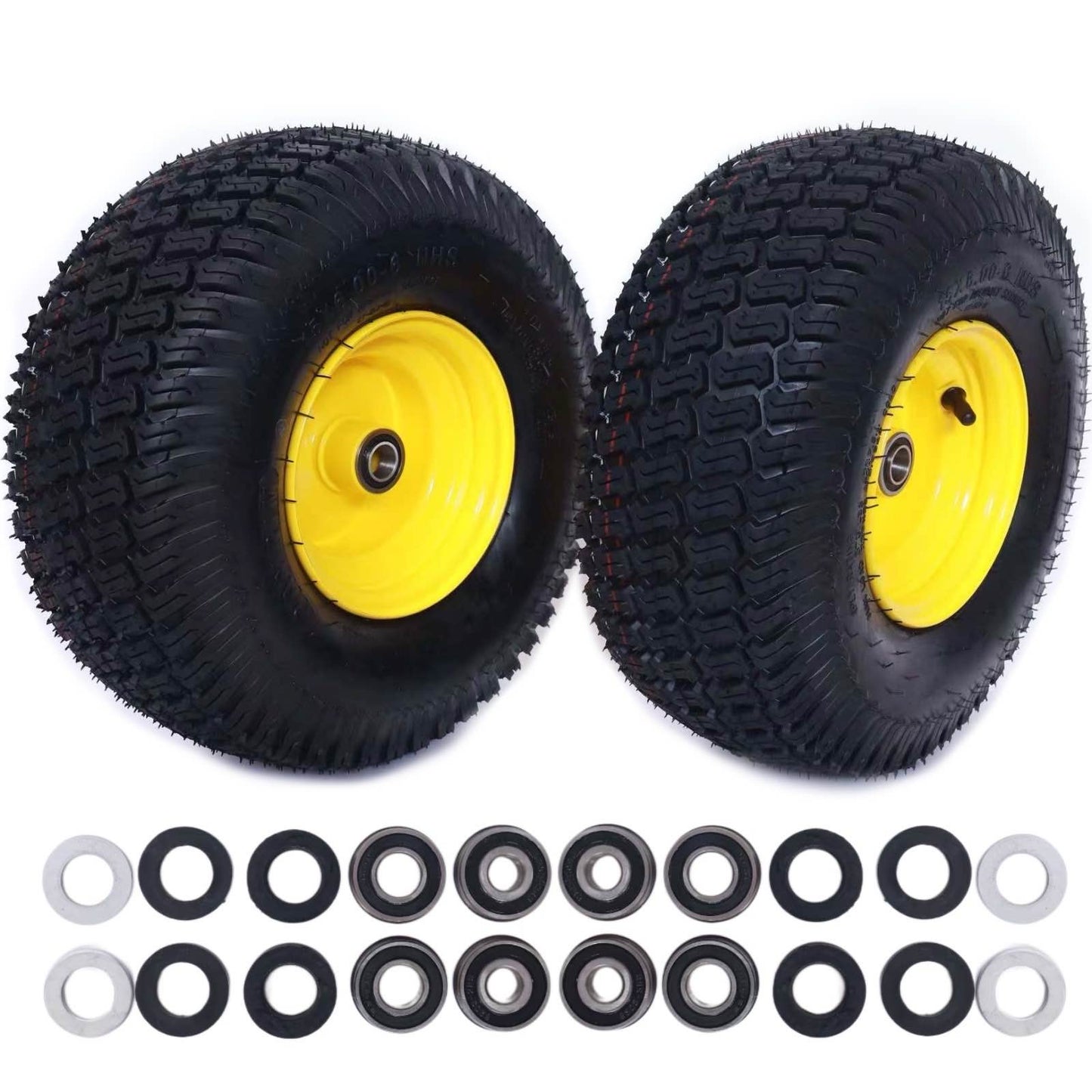 Dayrim 2 Pcs 15x6.00-6 Lawn Mower Tires with yellow Rim, 4-Ply Tubeless, 3" Offset Hub, 3/4" Bore Bearing, Wheel & Tire Assembly, Turf Tread for Riding Mowers & Garden Tractors
