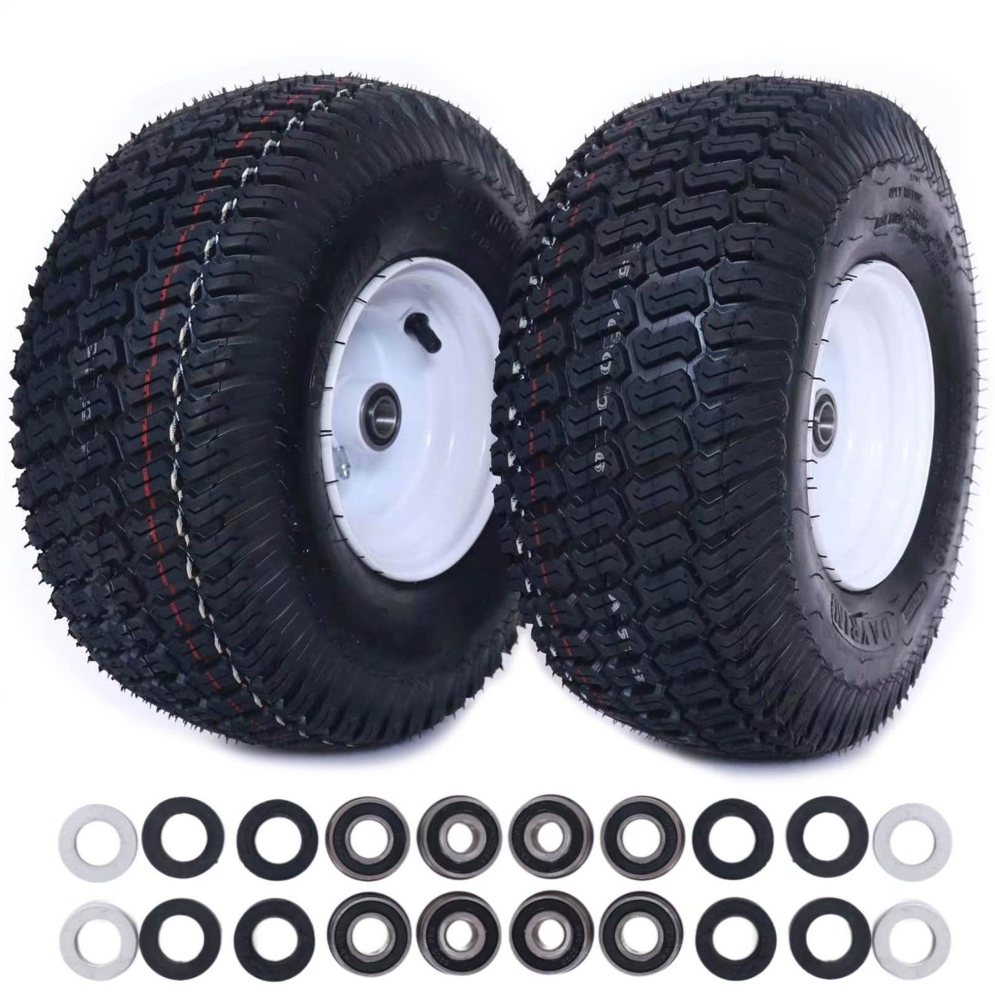 Dayrim 2 Pcs 15x6.00-6 Lawn Mower Tires with White Rim, 4-Ply Tubeless, 3" Centered Hub, 3/4" Bore Bearing, Wheel & Tire Assembly, Turf Tread for Riding Mowers & Garden Tractors
