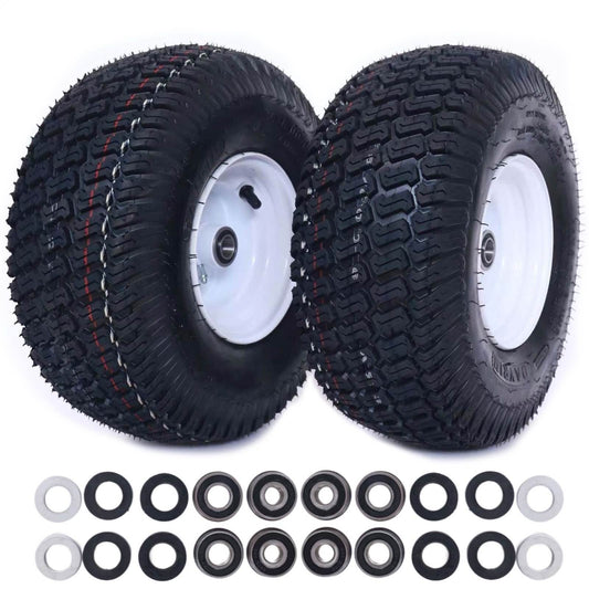 Dayrim 2 Pcs 15x6.00-6 Lawn Mower Tires with White Rim, 4-Ply Tubeless, 3" Centered Hub, 3/4" Bore Bearing, Wheel & Tire Assembly, Turf Tread for Riding Mowers & Garden Tractors