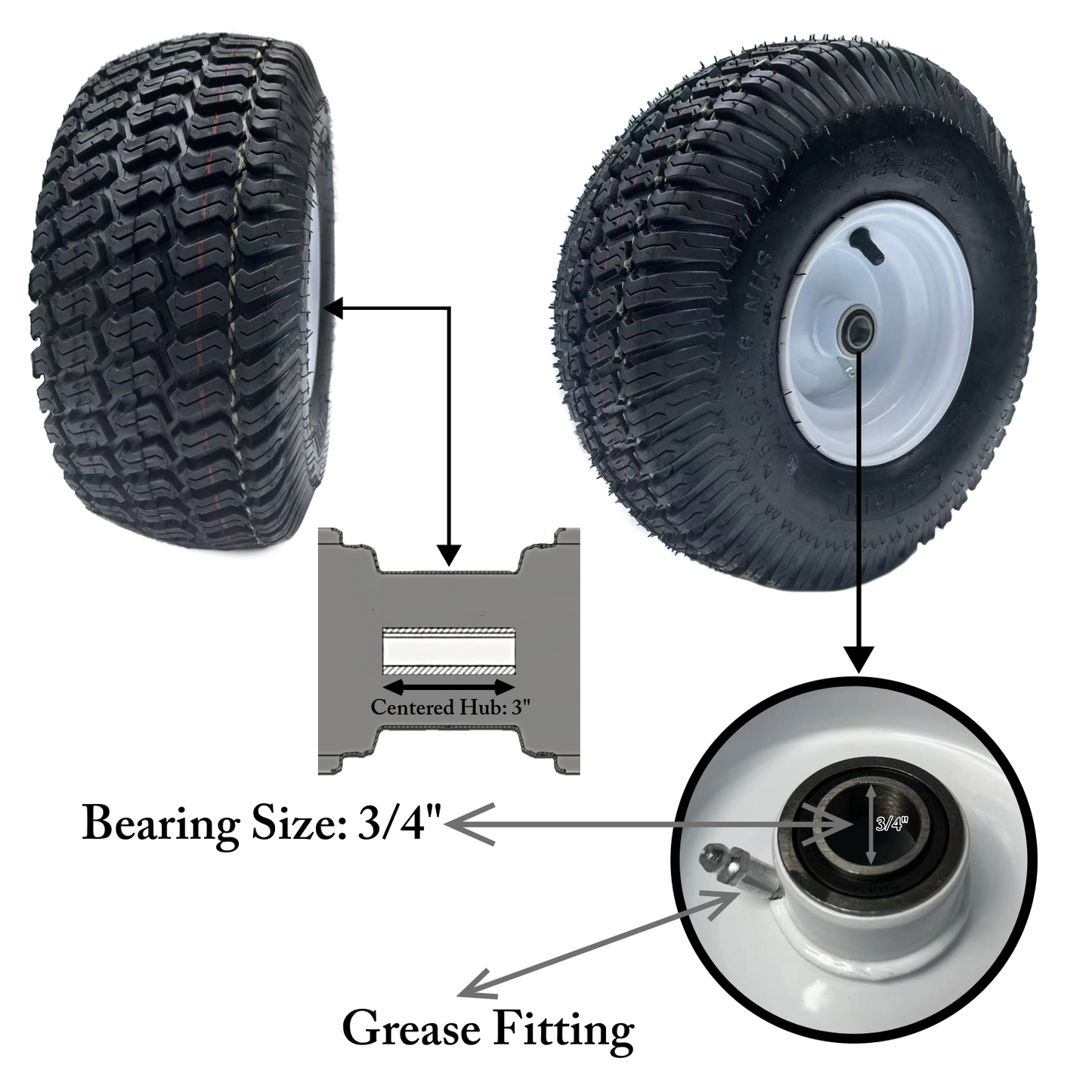 Dayrim 2 Pcs 15x6.00-6 Lawn Mower Tires with White Rim, 4-Ply Tubeless, 3" Centered Hub, 3/4" Bore Bearing, Wheel & Tire Assembly, Turf Tread for Riding Mowers & Garden Tractors