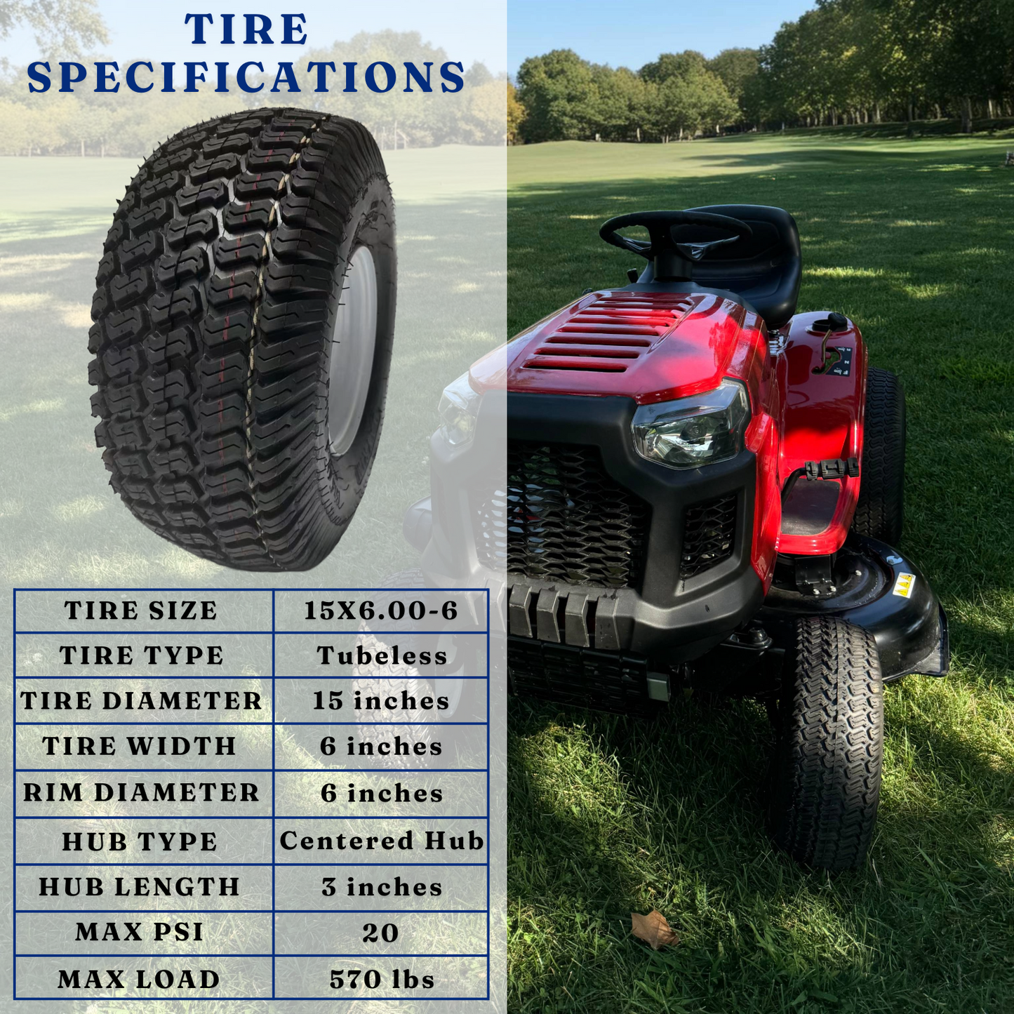 Dayrim 2 Pcs 15x6.00-6 Lawn Mower Tires with White Rim, 4-Ply Tubeless, 3" Centered Hub, 3/4" Bore Bearing, Wheel & Tire Assembly, Turf Tread for Riding Mowers & Garden Tractors