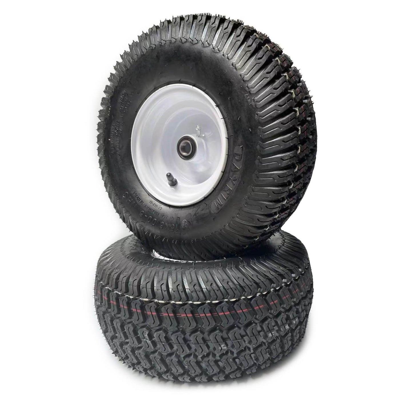 Dayrim 2 Pcs 15x6.00-6 Lawn Mower Tires with White Rim, 4-Ply Tubeless, 3" Centered Hub, 3/4" Bore Bearing, Wheel & Tire Assembly, Turf Tread for Riding Mowers & Garden Tractors