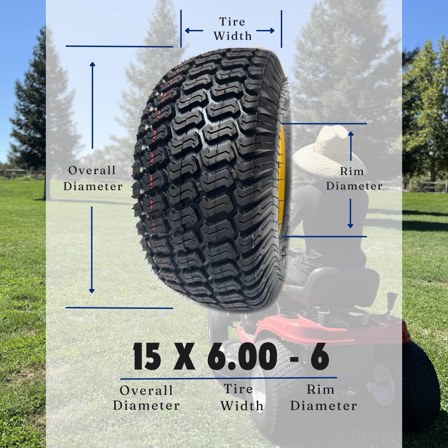 Dayrim 2 Pcs 15x6.00-6 Lawn Mower Tires with yellow Rim, 4-Ply Tubeless, 3" Offset Hub, 3/4" Bore Bearing, Wheel & Tire Assembly, Turf Tread for Riding Mowers & Garden Tractors