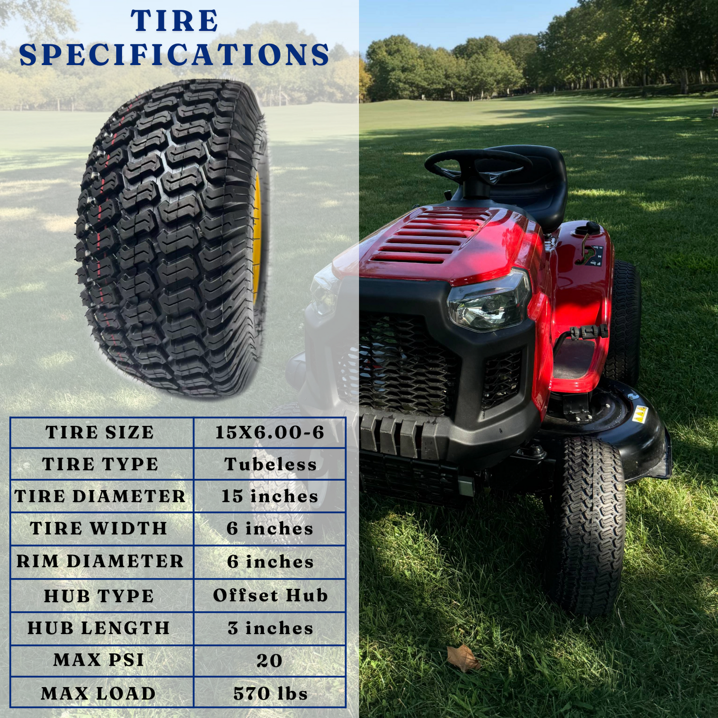 Dayrim 2 Pcs 15x6.00-6 Lawn Mower Tires with yellow Rim, 4-Ply Tubeless, 3" Offset Hub, 3/4" Bore Bearing, Wheel & Tire Assembly, Turf Tread for Riding Mowers & Garden Tractors
