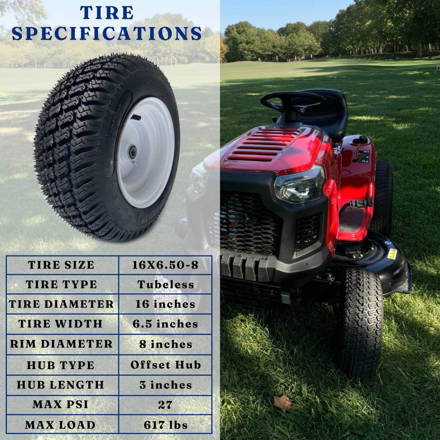 Dayrim 2 Pcs 16x6.50-8 Lawn Mower Tires with white Rim, 4-Ply Tubeless, 3" Offset Hub, 3/4" Bore Bearing, Wheel & Tire Assembly, Turf Tread for Riding Mowers & Garden Tractors. (white, 16x6.50-8)