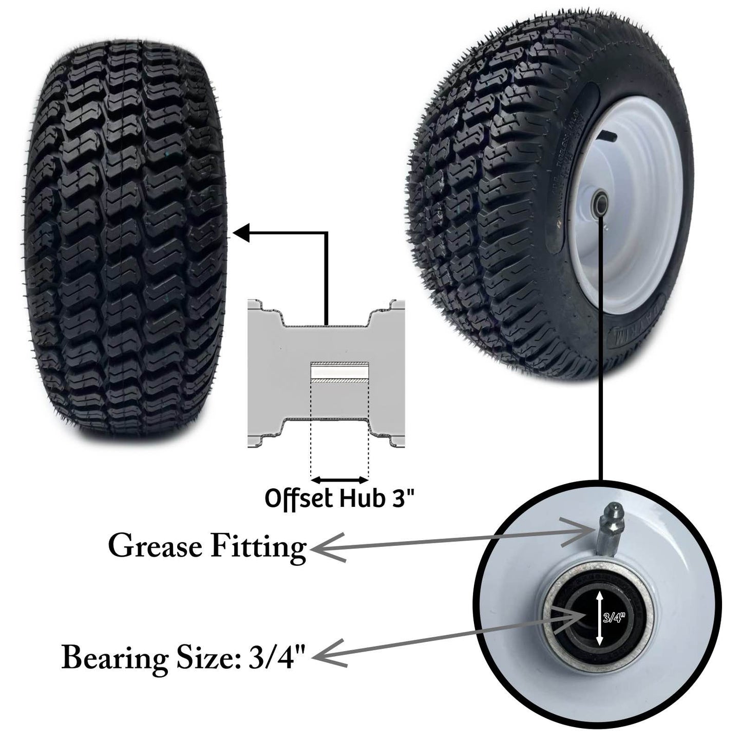 Dayrim 2 Pcs 16x6.50-8 Lawn Mower Tires with white Rim, 4-Ply Tubeless, 3" Offset Hub, 3/4" Bore Bearing, Wheel & Tire Assembly, Turf Tread for Riding Mowers & Garden Tractors. (white, 16x6.50-8)