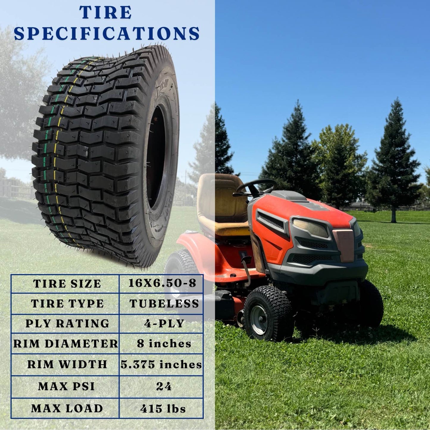 Dayrim 16x6.50-8 (2-Pack) Lawn Mower Turf Tires, V2 Tread Pattern, 4-Ply Tubeless Replacement Tires for Garden Tractors and Riding Mowers