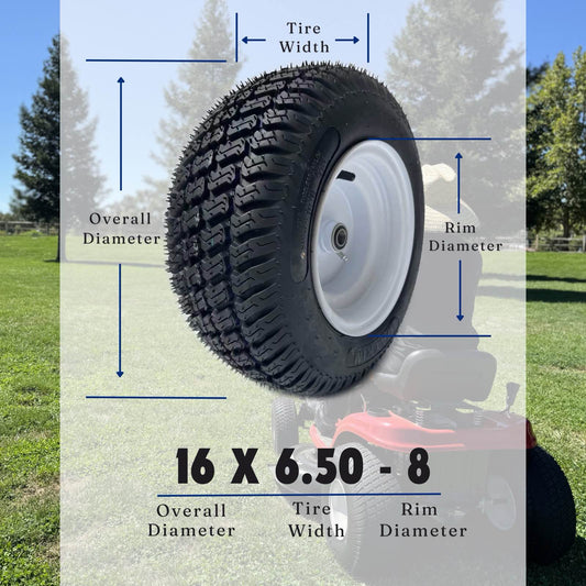 Dayrim 2 Pcs 16x6.50-8 Lawn Mower Tires with white Rim, 4-Ply Tubeless, 3" Offset Hub, 3/4" Bore Bearing, Wheel & Tire Assembly, Turf Tread for Riding Mowers & Garden Tractors. (white, 16x6.50-8)