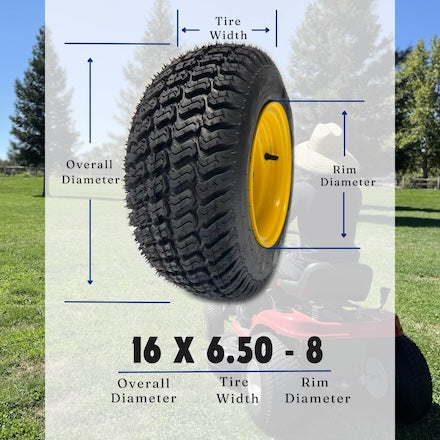 Dayrim 2 Pcs 16x6.50-8 Lawn Mower Tires with Yellow Rim, 4-Ply Tubeless, 3" Centered Hub, 3/4" Bore Bearing, Wheel & Tire Assembly, Turf Tread for Riding Mowers & Garden Tractors
