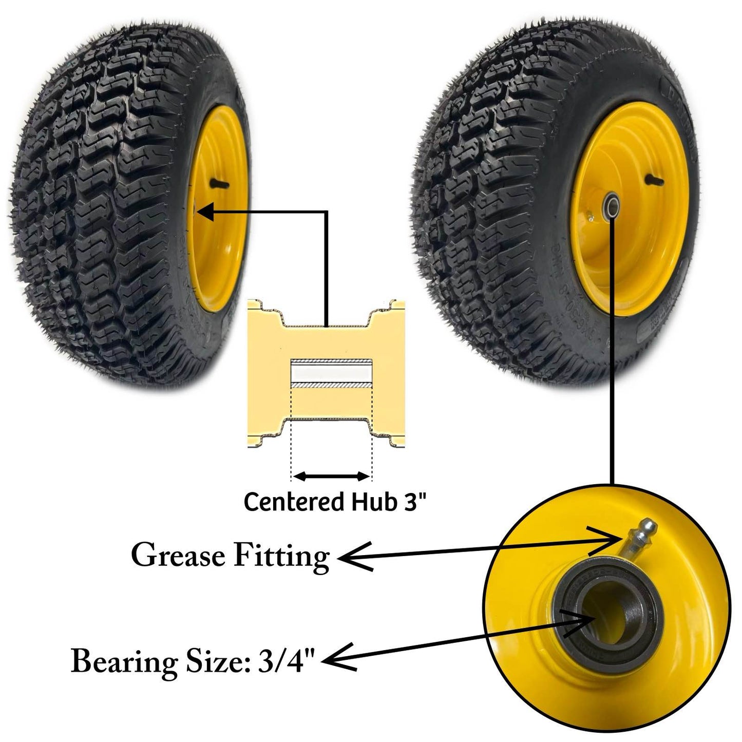 Dayrim 2 Pcs 16x6.50-8 Lawn Mower Tires with Yellow Rim, 4-Ply Tubeless, 3" Centered Hub, 3/4" Bore Bearing, Wheel & Tire Assembly, Turf Tread for Riding Mowers & Garden Tractors