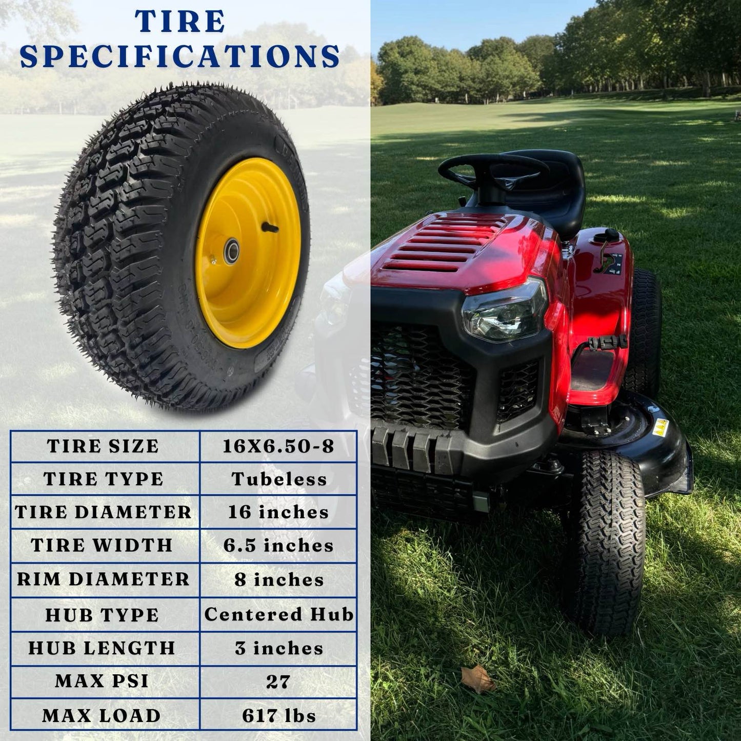 Dayrim 2 Pcs 16x6.50-8 Lawn Mower Tires with Yellow Rim, 4-Ply Tubeless, 3" Centered Hub, 3/4" Bore Bearing, Wheel & Tire Assembly, Turf Tread for Riding Mowers & Garden Tractors