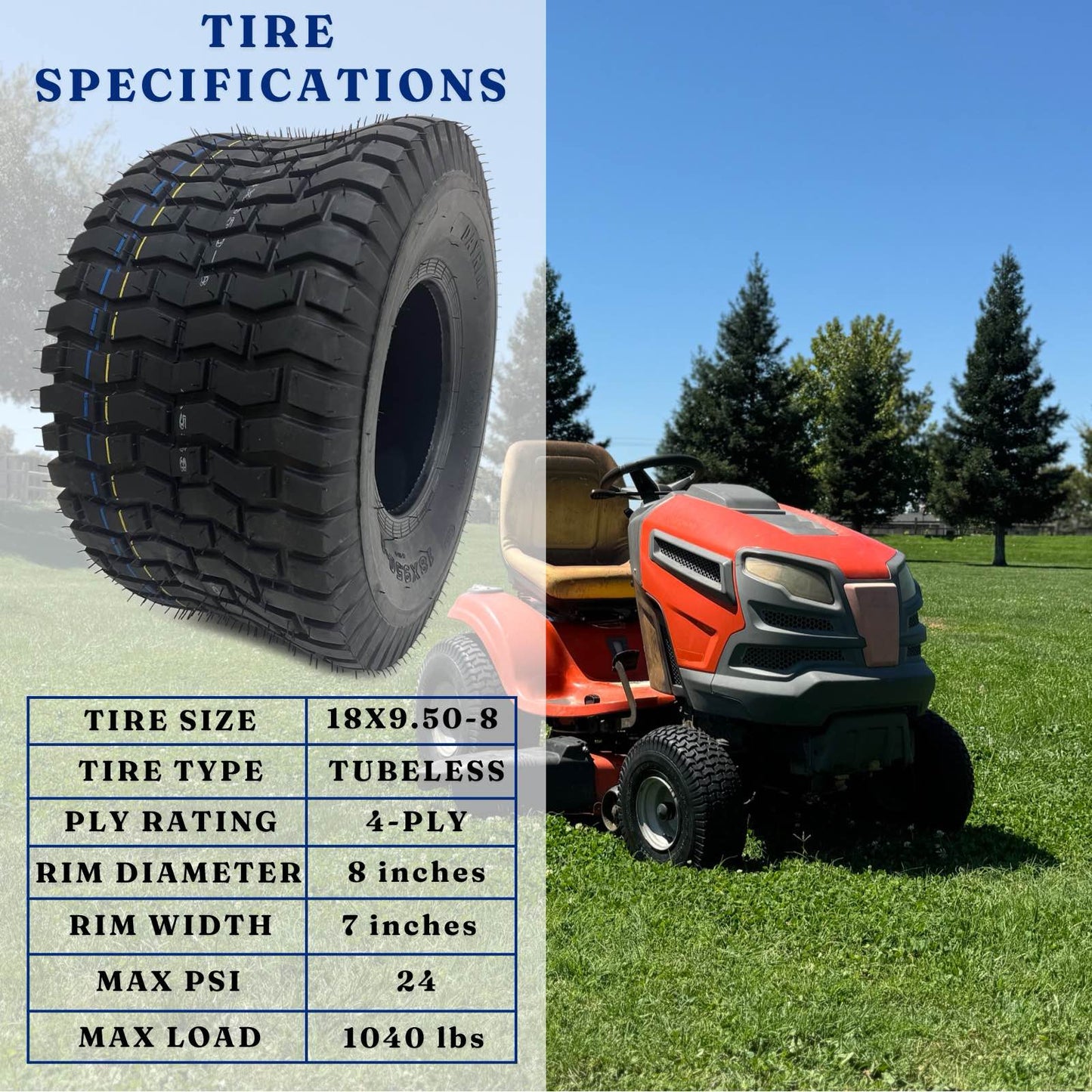 Dayrim18x9.50-8 (2-Pack) Lawn Mower Turf Tires, V2 Tread Pattern, 4-Ply Tubeless Replacement Tires for Garden Tractors and Riding Mowers,Golf Cart Tires