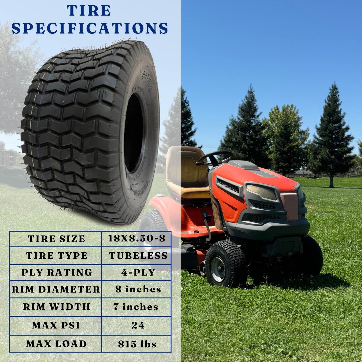 Dayrim 18x8.50-8 (2-Pack) Lawn Mower Turf Tires, V2 Tread Pattern, 4-Ply Tubeless Replacement Tires for Garden Tractors and Riding Mowers, Golf Cart Tires