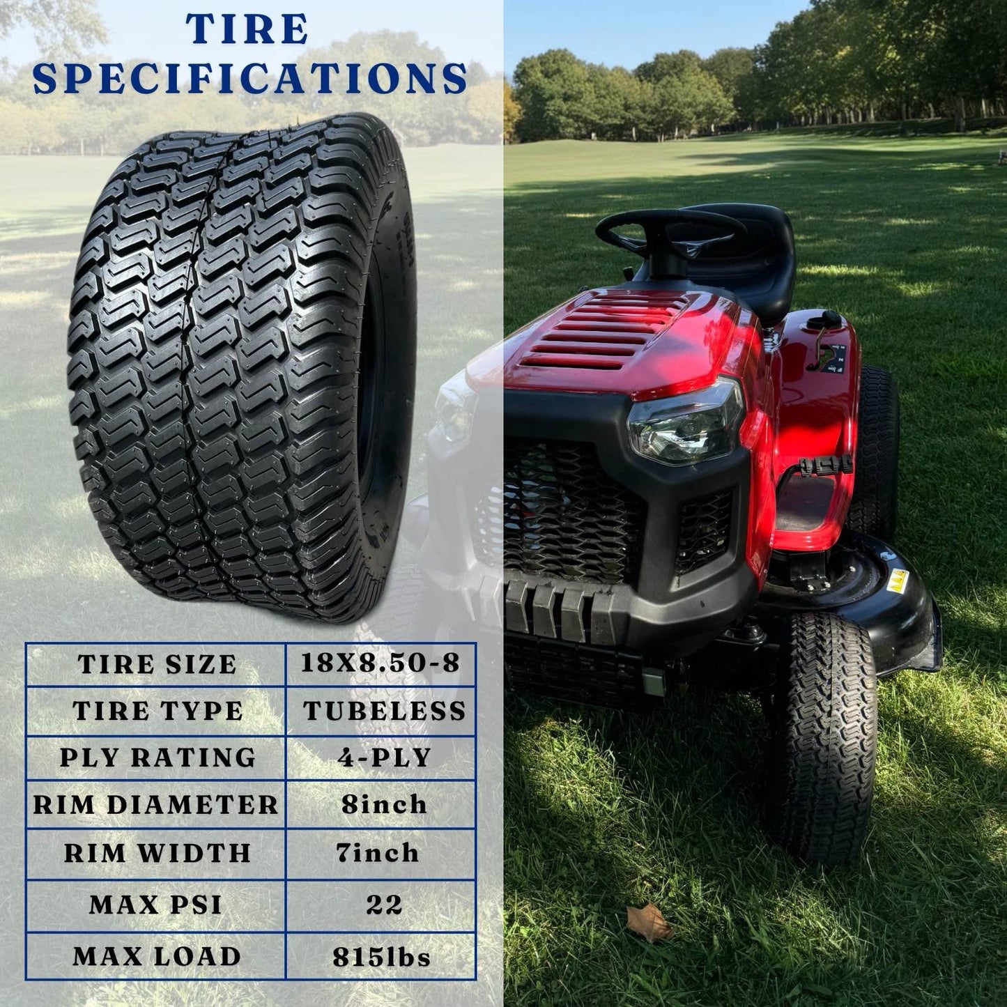 Dayrim 18x8.50-8 Lawn Mower Tires, Set of 2, 4-Ply Tubeless Turf Tread, for Garden Tractor & Riding Mower, Golf Cart Tires