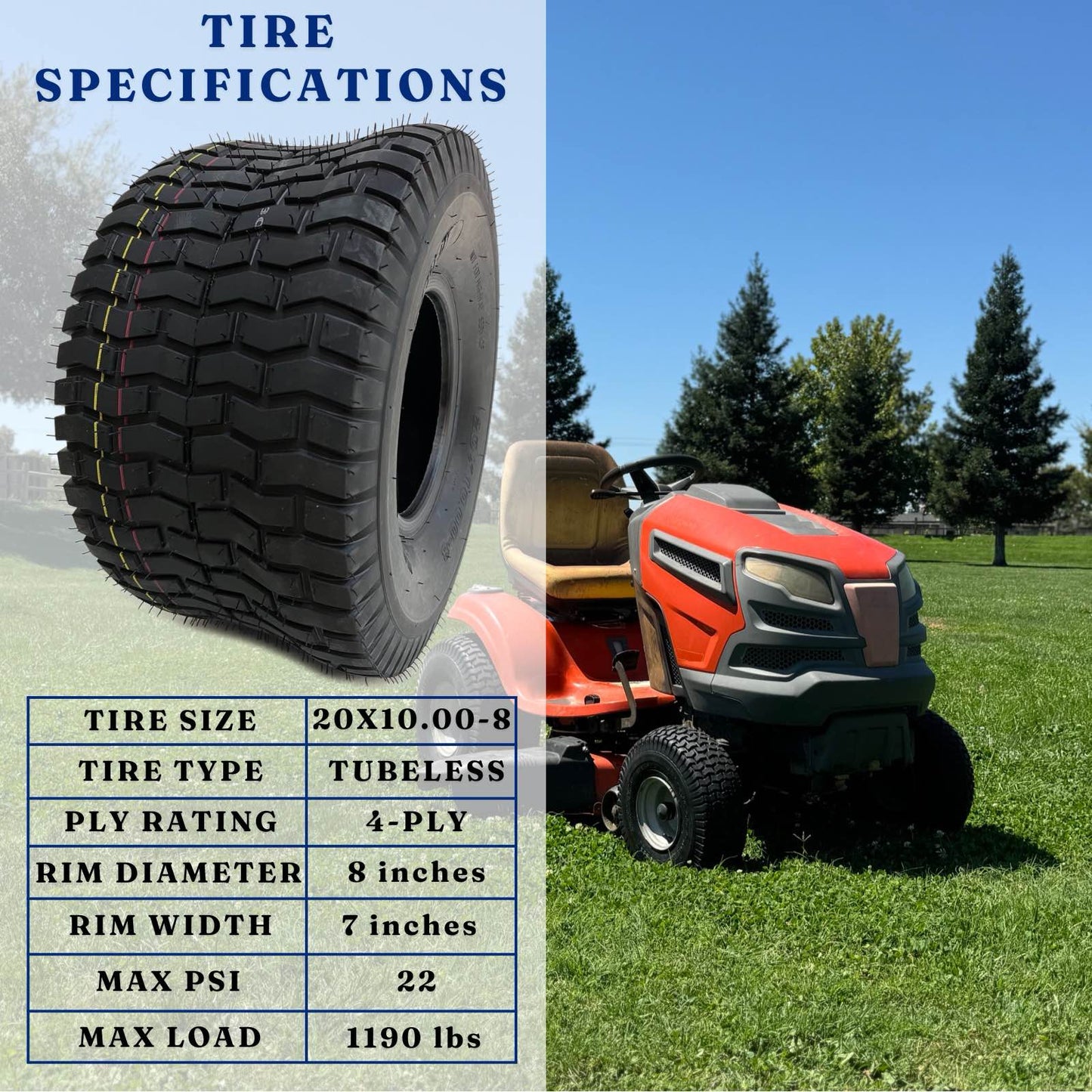 Dayrim 20x10-8 (2-Pack) Lawn Mower Turf Tires, V2 Tread Pattern, 4-Ply Tubeless Replacement Tires for Garden Tractors and Riding Mowers,Golf Cart Tires