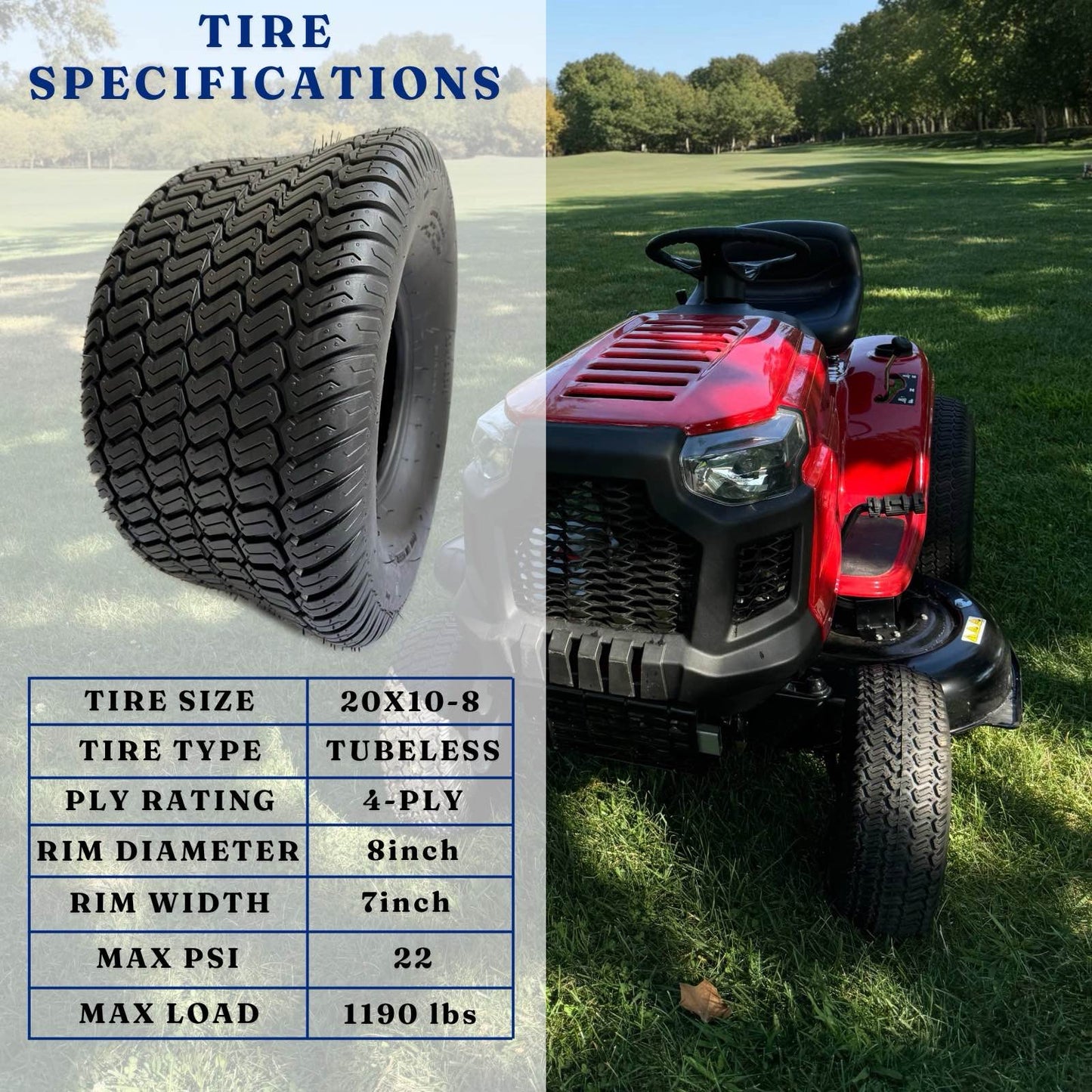 Dayrim 20x10-8 Lawn Mower Tires, Set of 2, 4-Ply Tubeless Turf Tread, for Garden Tractor & Riding Mower,Golf Cart Tires