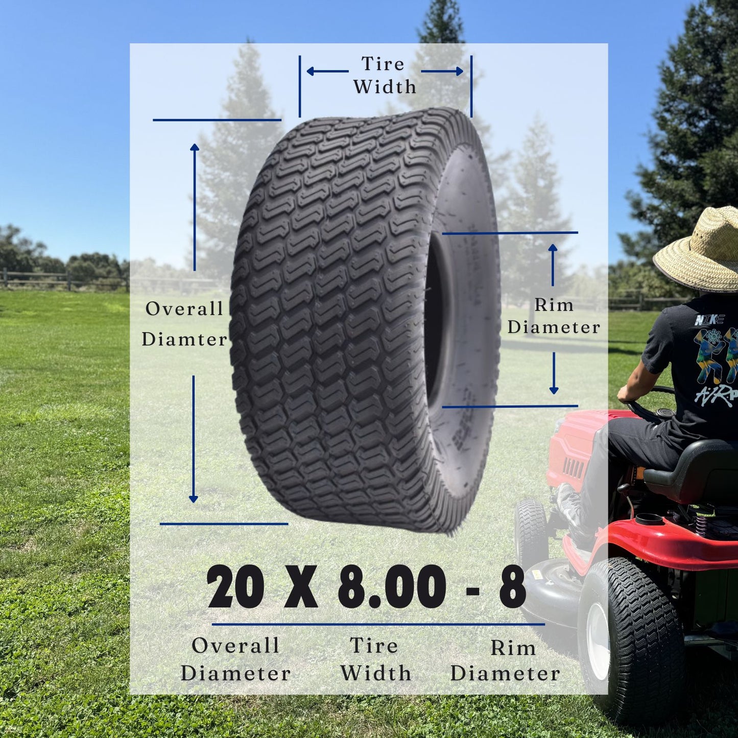 Dayrim 20x8.00-8 Lawn Mower Tires, Set of 2, 4-Ply Tubeless Turf Tread, for Garden Tractor & Riding Mower,Golf Cart Tires