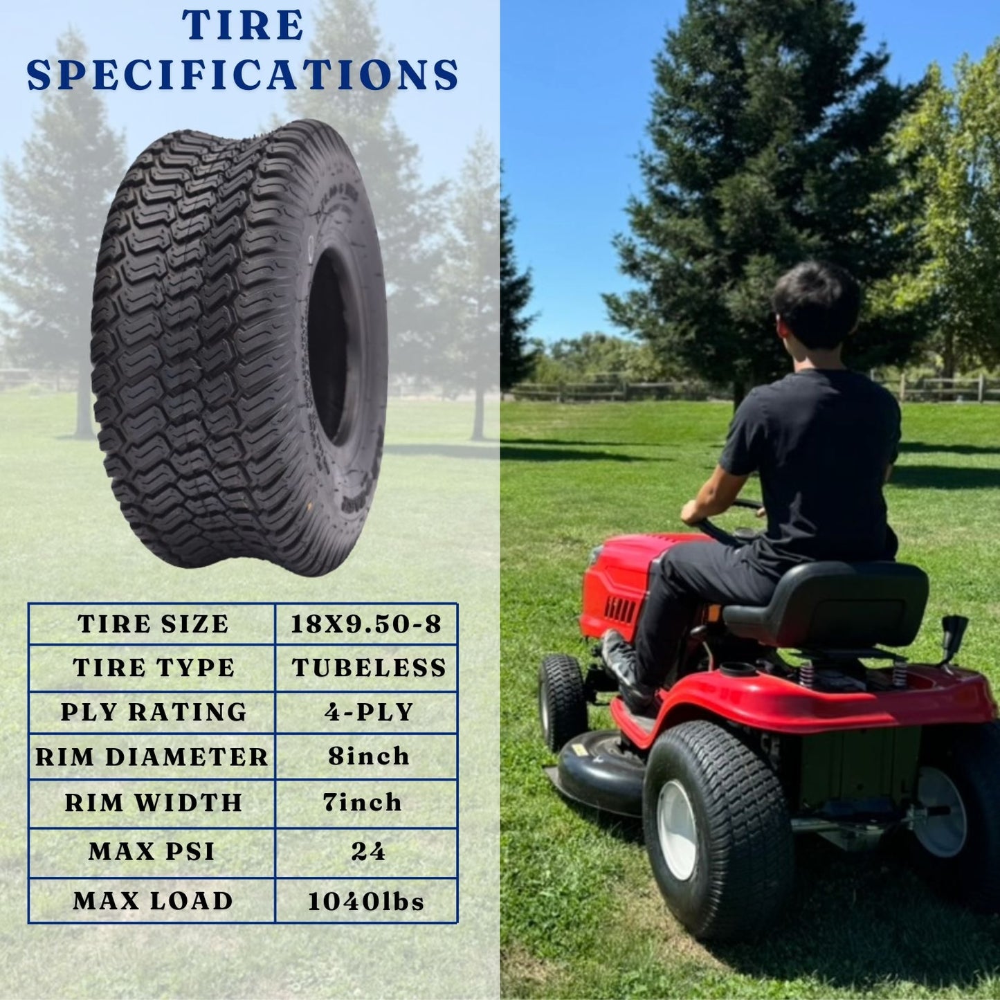 Dayrim 18x9.50-8 Lawn Mower Tires, Set of 2, 4-Ply Tubeless Turf Tread, for Garden Tractor & Riding Mower