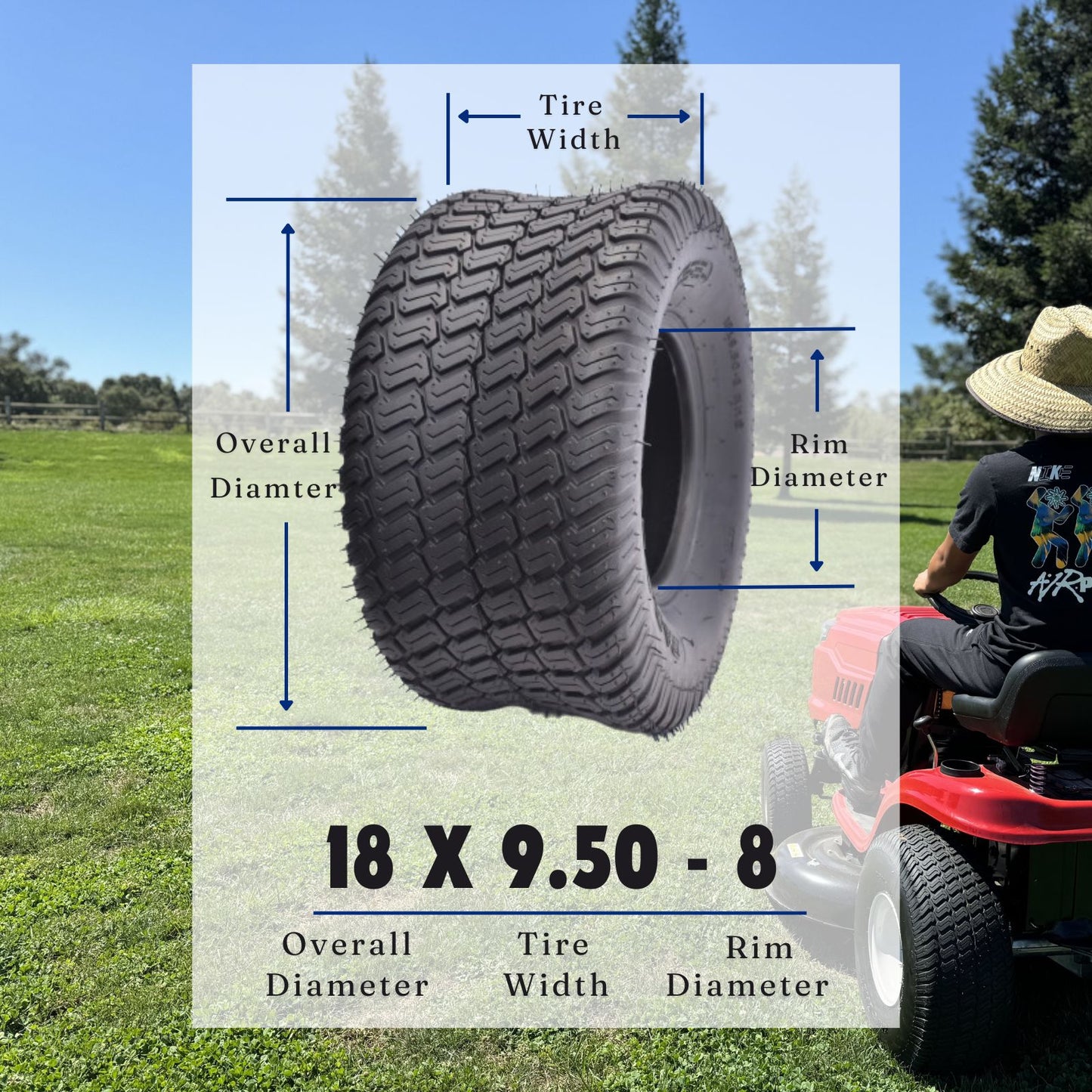 Dayrim 18x9.50-8 Lawn Mower Tires, Set of 2, 4-Ply Tubeless Turf Tread, for Garden Tractor & Riding Mower