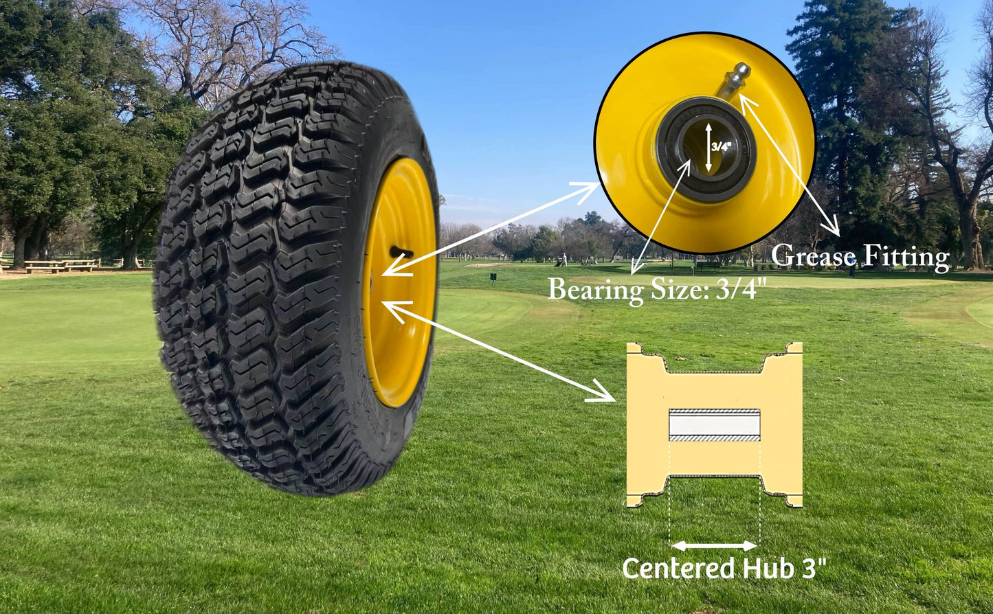 Dayrim 2 Pcs 16x6.50-8 Lawn Mower Tires with Yellow Rim, 4-Ply Tubeless, 3" Centered Hub, 3/4" Bore Bearing, Wheel & Tire Assembly, Turf Tread for Riding Mowers & Garden Tractors